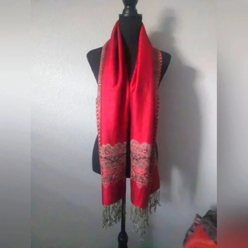 Pashmina silk blend Shawl Scarf Wrap red  Tassels ethnic Bohemian luxury